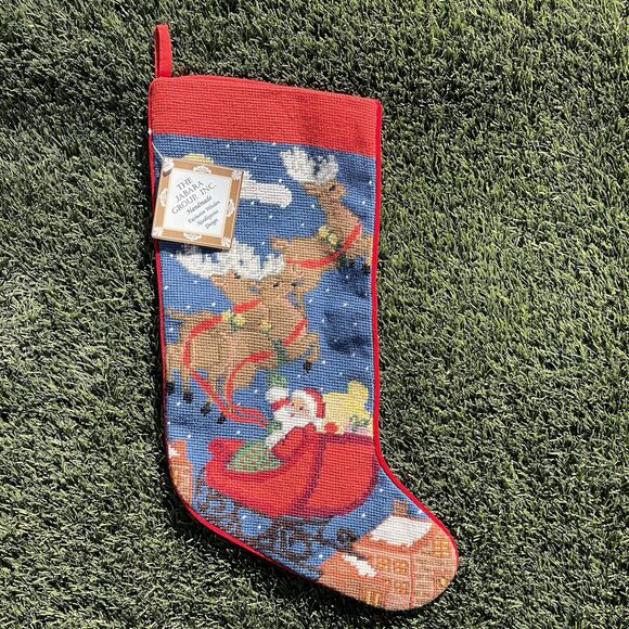 Vintage Jabara Group Inc 1995 Needlepoint Christmas stocking JB9110 SANTA SLEIGH - Picture 1 of 7